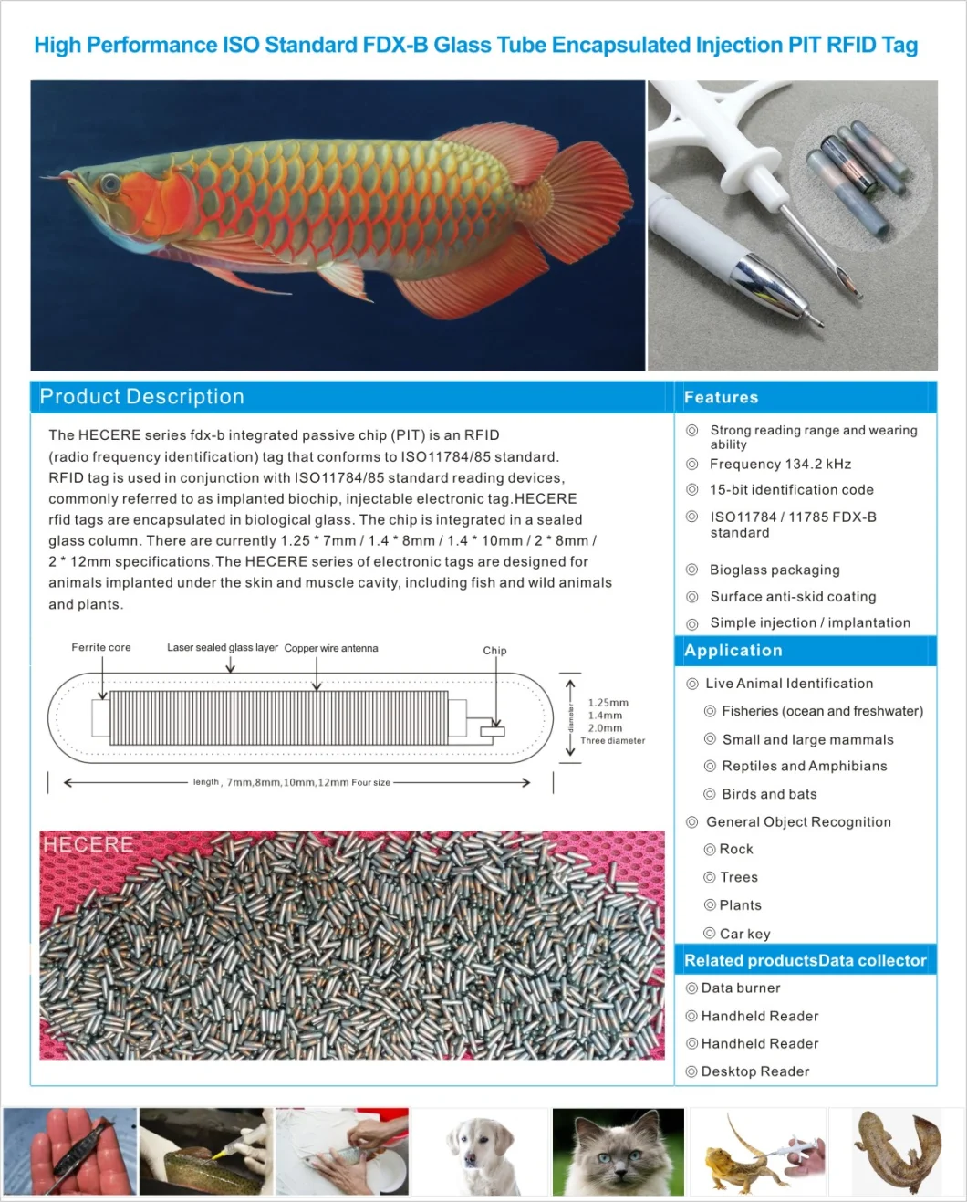 Fdx-B ISO 134.2kHz 2.12*12mm RFID Animal Pet Microchip with Injector